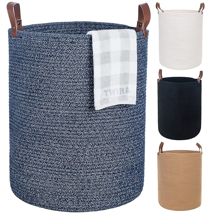 Twira Extra Large 20x16 Inches Cotton Rope Basket, Woven Baby Laundry Blanket Basket with Leather Handle Toy Basket Storage Baskets Bin for Yoga Mat & Towel (Blue）