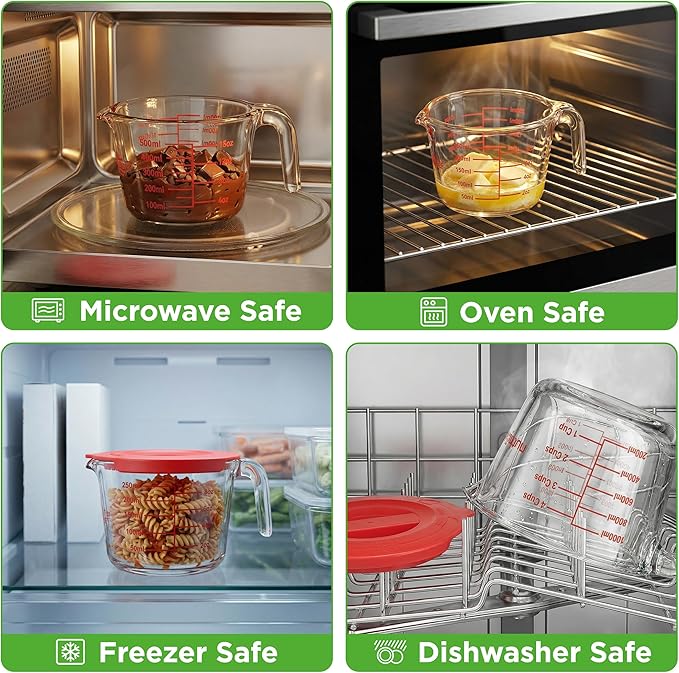 NutriChef 1,2 and 4 Cups Glass Measuring Cup Set with Lids (8, 17 and 34 oz) - Heat-Resistant Borosilicate Liquid Measure Cups with Easy-Read Scale for Cooking, Baking & Food Storage, Dishwasher Safe