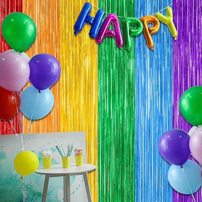 ZATAYE 4 Pack Pride Decorations, 3.28 FT x 7.05 FT Rainbow Backdrop, Metallic LGBT Party Decor Foil Tinsel Party Streamer Backdrop Curtains, Rainbow Curtains Birthday Photo Booth Props