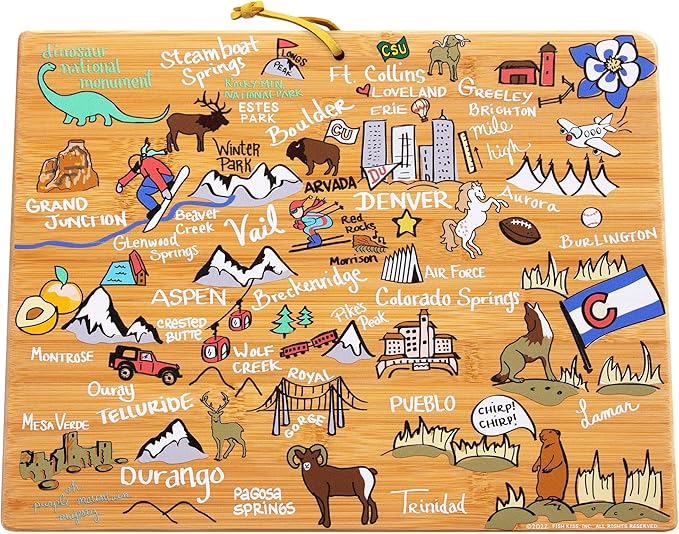 Totally Bamboo Colorado State Shaped Cutting Board and Charcuterie Serving Platter with Artwork by Fish Kiss, Includes Hang Tie for Wall Display