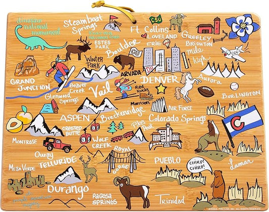Totally Bamboo Colorado State Shaped Cutting Board and Charcuterie Serving Platter with Artwork by Fish Kiss, Includes Hang Tie for Wall Display