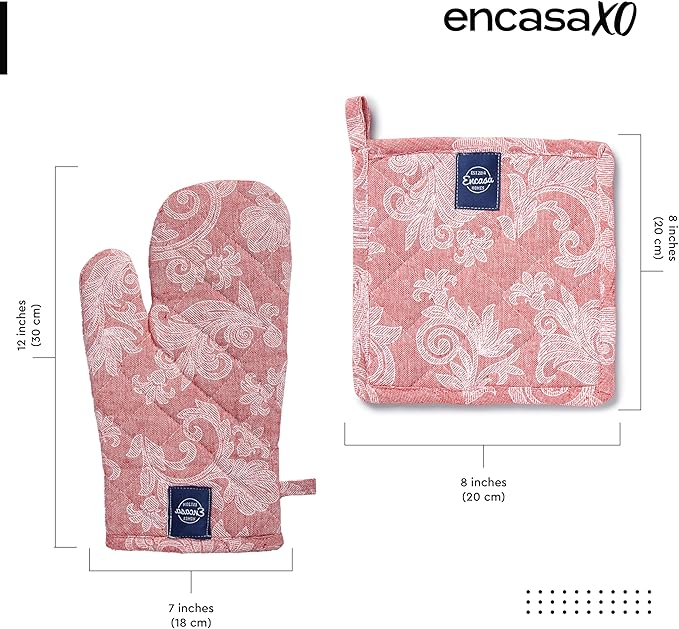 Encasa XO Heat Resistant 100% Cotton Oven Glove & Potholder Set with Loop, Kitchen Cooking Mittens, Microwave Safe Hot Pads (Floral Red)