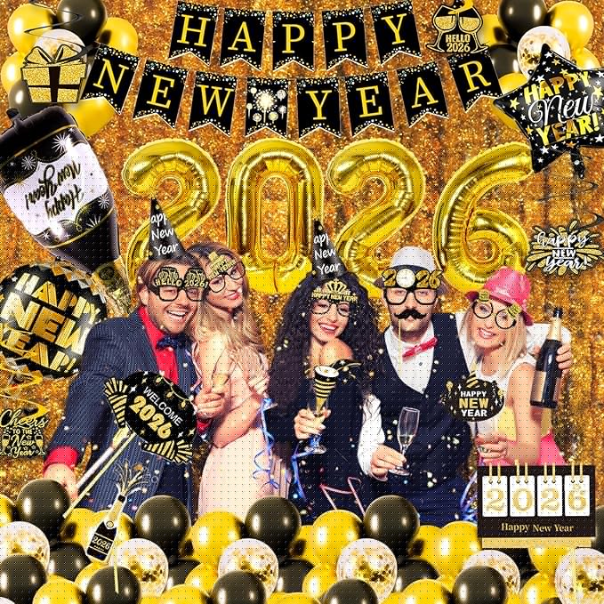 New Years Eve Party Supplies 2026 New Years Decorations 2026 Happy New Year Decorations Eve Party Decorations, Hats & Glasses, Photo Props, Happy New Year Banner Foil Balloon Curtain Hanging Swirls