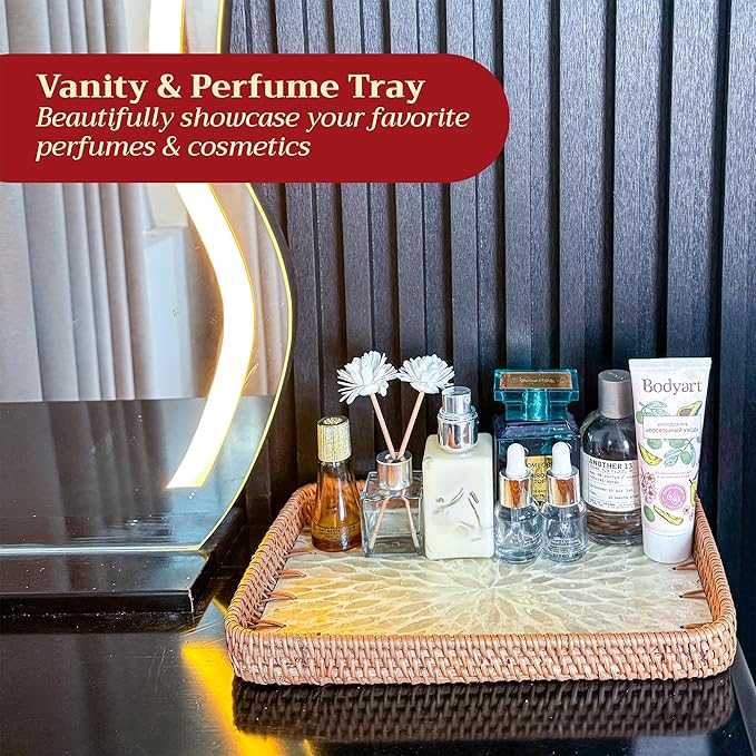 Rattan Rectangle Tray with Mother of Pearl Inlay – Unique Decorative Rattan Serving Tray for Coffee Table, Bathroom Vanity, Perfume & Nightstand – Ideals for Housewarming (White 11.8")