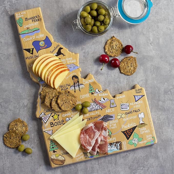 Totally Bamboo Idaho State Shaped Cutting Board and Charcuterie Serving Platter with Artwork by Fish Kiss, Includes Hang Tie for Wall Display