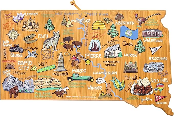 Totally Bamboo South Dakota State Shaped Cutting Board and Charcuterie Serving Platter with Artwork by Fish Kiss, Includes Hang Tie for Wall Display