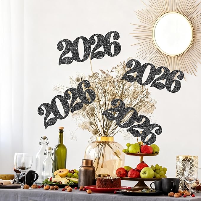 12pcs Black Glitter 2026 Number Centerpiece Sticks Congrats Party Decorations for Table Class of 2026 Graduation Centerpieces for Hello 2026 Christmas New Year Eve Party Supplies