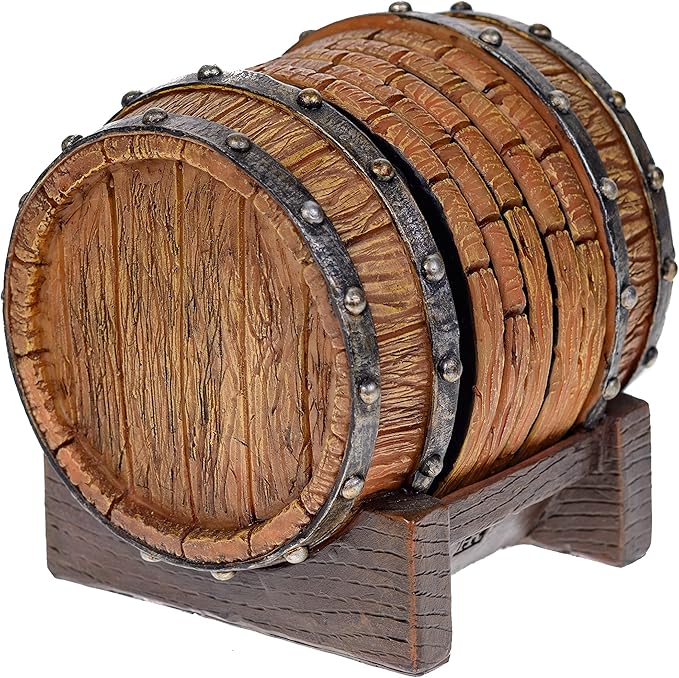 Pine Ridge 5pcs 1840 Aged Whiskey Barrel Drink Coaster Set with Holder - Rustic Bar Coasters for Whiskey Table & Bourbon Room - Unique Bar Accessories for Man Cave - Beer & Whiskey Glass Coaster