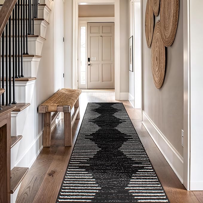 Rugshop Bohemian Stripe Stain Resistant High Traffic Living Room Kitchen Bedroom Dining Home Office Runner Rug 2'7" x 12' Black