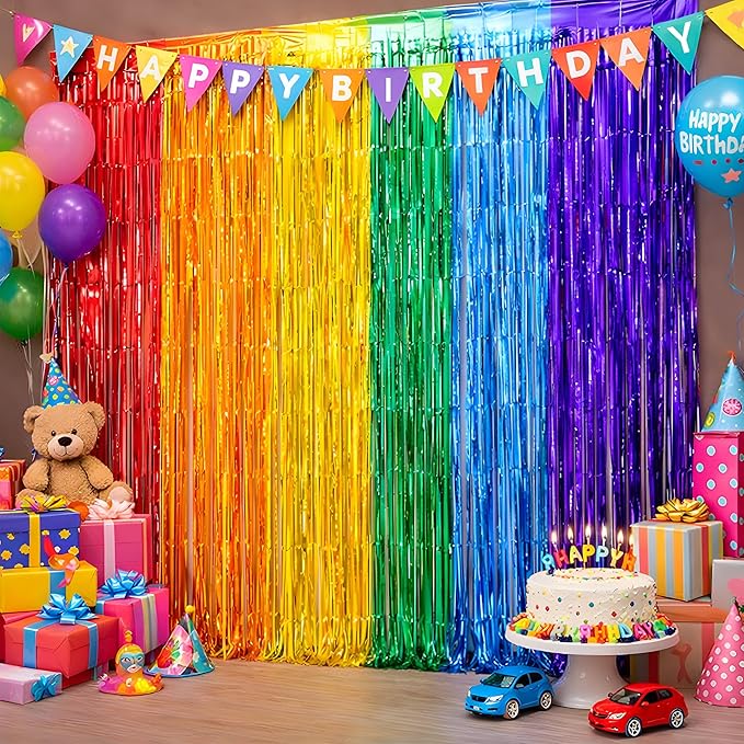 Rainbow Birthday Decorations - Rainbow Tinsel Streamers Backdrop Banner | Colorful Rainbow Party Favors Supplies Decorations Indoor Outdoor - Streamers Party Decorations for Wall Door, 2 Pack