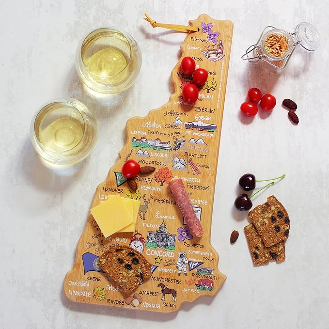 Totally Bamboo New Hampshire State Shaped Cutting Board and Charcuterie Serving Platter with Artwork by Fish Kiss, Includes Hang Tie for Wall Display