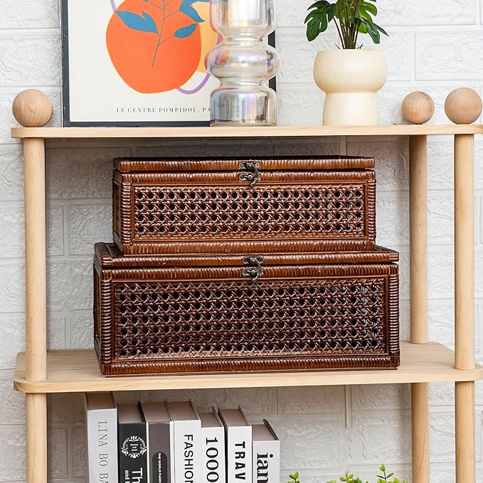 Handwoven Rattan Storage Boxes Set of 2, Decorative Wooden Wicker Chest with Lids and Latches, Vintage Boho Storage Trunks for Living Room, Bedroom, Home Decor
