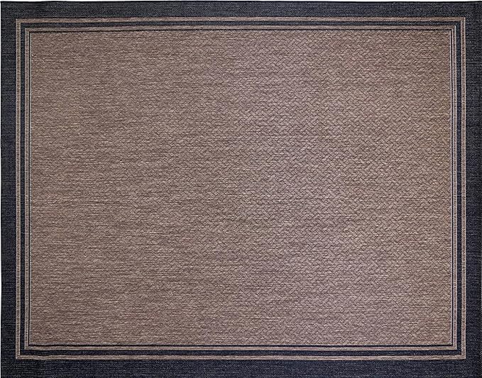 Gertmenian Indoor/Outdoor Flatweave Area Rug - 9x13 Extra Large, Stain & UV Resistant, Ideal For Deck, Patio, Poolside, Mudroom - Simple Border, Black/Nut Brown, 21993