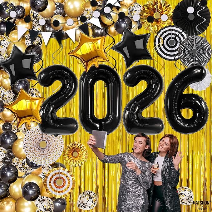 Katchon, New Years Eve Party Supplies 2026 - Huge, Pack of 115 | Happy New Year 2026 Balloons Arch Kit | Gold Fringe Backdrop Curtain, New Year Balloons | New Years Decorations 2026, Nye Decorations