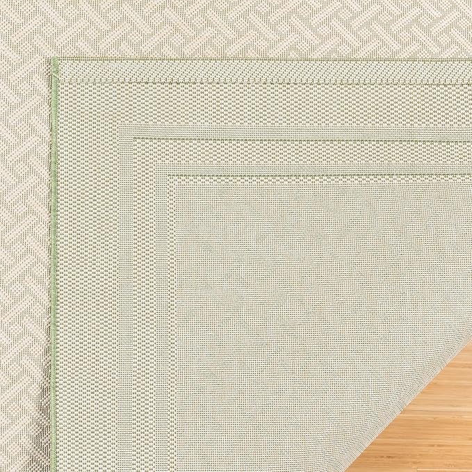 Gertmenian Indoor/Outdoor Flatweave Area Rug - 9x13 Extra Large, Stain & UV Resistant, Ideal for Deck, Patio, Poolside, Mudroom - Border Green Teal Tan, 22908