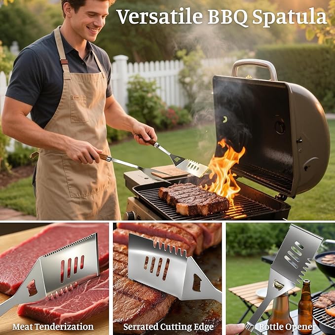 BBQ Grill Accessories, Stainless Steel Grilling Set with Storage Bag, Spatula, Fork, Cleaning Brush BBQ Accessories, Grill Tools Set for Outdoor Cooking Camping, Grilling Gifts for Men