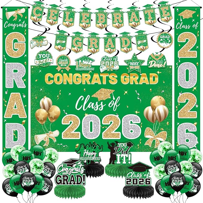 Green 2026 Graduation Party Decor Kit-Includes Backdrop, Banner, Balloons, Hanging Ornaments & Honeycomb Decorations for Class of 2026 -Full Set for High School and University Graduation Events