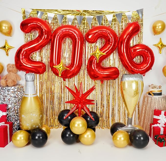 Red 2026 Balloons, 40 Inch Number 2026 Red Foil Balloons, Red and Gold Star Balloon with Champagne Bottle Glass Balloon for Happy New Years Eve Party Supplies 2026 Class of 2026 Graduation Decorations