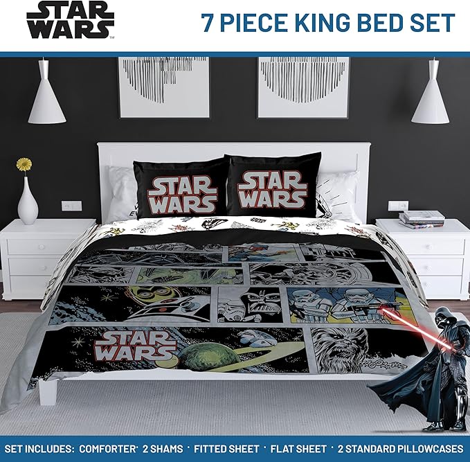 Star Wars Comic Book King Size Comforter Set - 7 Piece Bedding Includes Sheet Set & Pillow Covers - Super Soft Cozy Kids Bedding