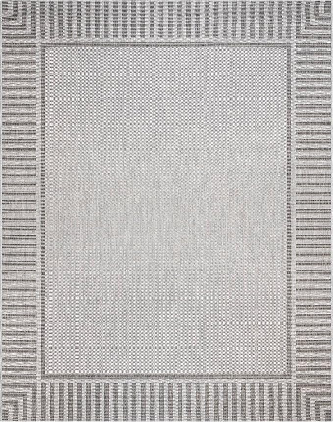 Gertmenian Indoor/Outdoor Flatweave Area Rug - 8x10 Large, Stain & UV Resistant, Ideal for Deck, Patio, Poolside, Mudroom - Klano Striped Ash, Steel, 25429