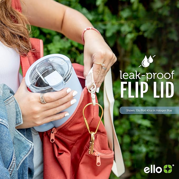 Ello Port 40oz Tumbler with Carry Loop & Integrated Handle, Vacuum Insulated Stainless Steel Reusable Water Bottle, Travel Mug with Leak Proof Lid & Straw, Perfect for Iced Coffee & Tea, White