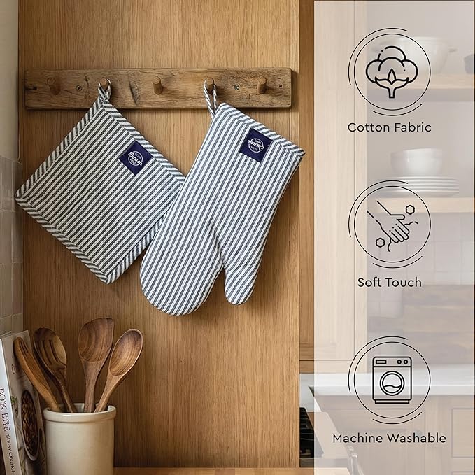 Encasa XO Heat Resistant 100% Cotton Oven Glove & Potholder Set with Loop, Kitchen Cooking Mittens, Microwave Safe Hot Pads (Ticking Navy Blue)