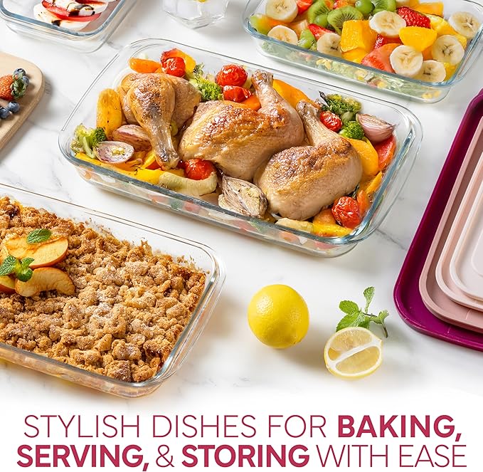COOK WITH COLOR 8-Piece Deep Glass Baking Dish Set with Plastic Lids – Casserole and Food Storage Containers for Lasagna, Leftovers – Freezer-to-Oven, Microwave & Dishwasher Safe, Rose