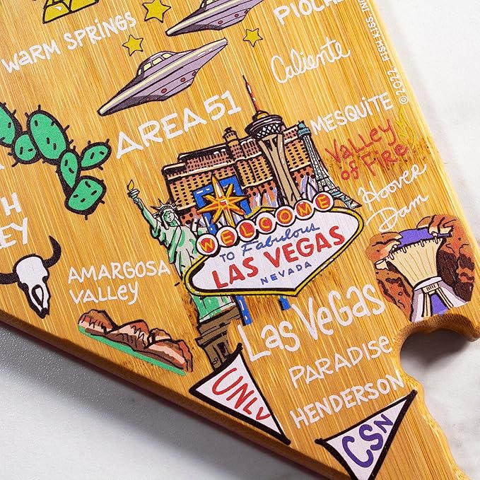 Totally Bamboo Nevada State Shaped Cutting Board and Charcuterie Serving Platter with Artwork by Fish Kiss, Includes Hang Tie for Wall Display