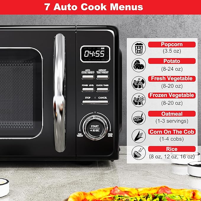 Galanz GLCMKZ11BKR10 Retro Countertop Microwave Oven with Auto Cook & Reheat, Defrost, Quick Start Functions, Easy Clean with Glass Turntable, Pull Handle, 1.1 cu ft, Black