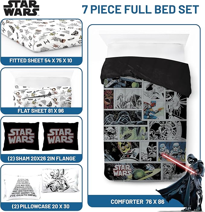 Jay Franco Star Wars Comic Book Full Size Comforter Set - 7 Piece Bedding Includes Sheet Set & Pillow Covers - Super Soft Cozy Kids Bedding