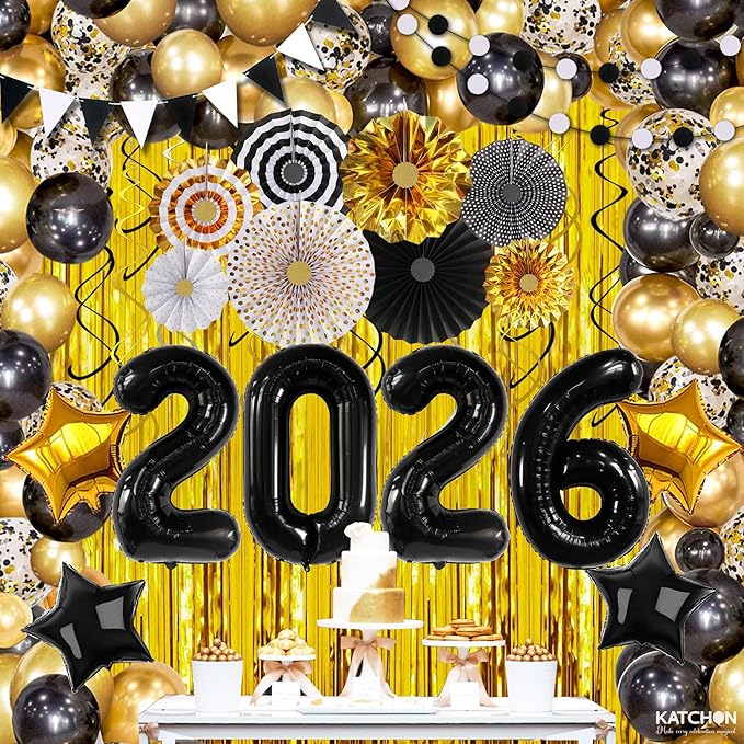 KatchOn, Happy New Years Decorations 2026 Black and Gold Set - Big Pack of 115 | Happy New Year Balloon Arch Kit | Black 2026 Balloons, Fringe Backdrop | New Years Eve Party Supplies 2026