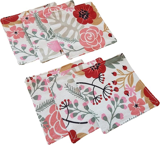 2 Layers Coasters Saucers Canvas Floral Botanical Fabric 4", 6 Pack - Sweet Exotic Flower