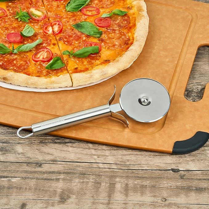 Restaurantware Met Lux 13" Pizza Pan with Pizza Cutter Bundle - Stainless Steel Commercial Pizza Wheel with Finger Guard and Aluminum Pizza Disk Tray - Professional Pizza Making Set