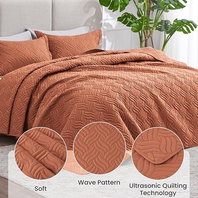 Love's cabin Quilts for Queen Bed Umber Bedspreads Bedding Set - Summer Lightweight Bedspread Comforter - Wave Pattern Bedding Coverlet for All Season - 3 Pieces (1 Quilt, 2 Pillow Shams)
