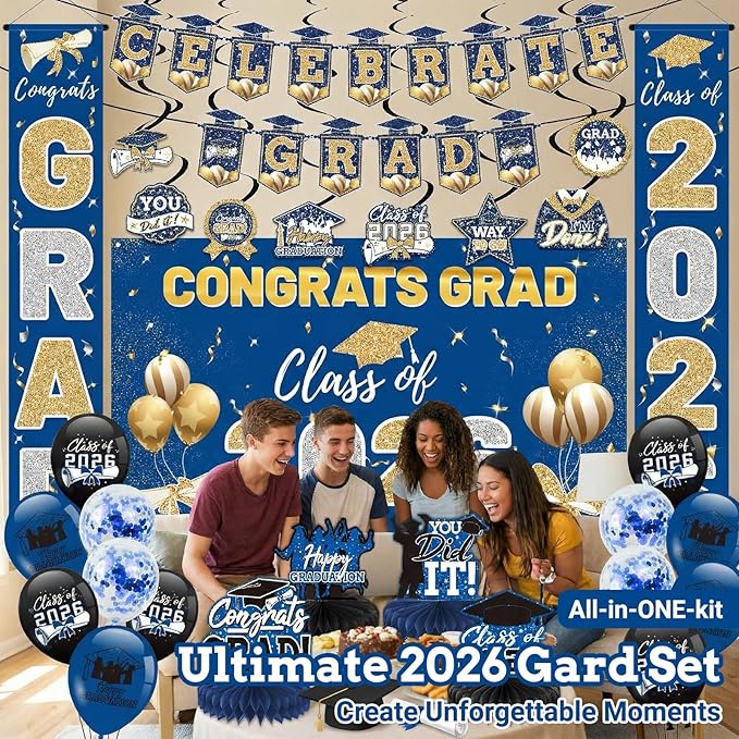 Blue 2026 Graduation Party Decor Kit-Includes Backdrop, Banner, Balloons, Hanging Ornaments & Honeycomb Decorations for Class of 2026 -Full Set for High School and University Graduation Events
