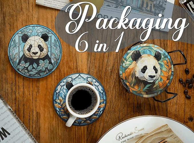 Panda Gifts for Girls Women Adults, Panda Coaster Home Decor for Birthday Christmas Thanksgiving, Set of 6, Ceramic, Absorbent with Cork Base