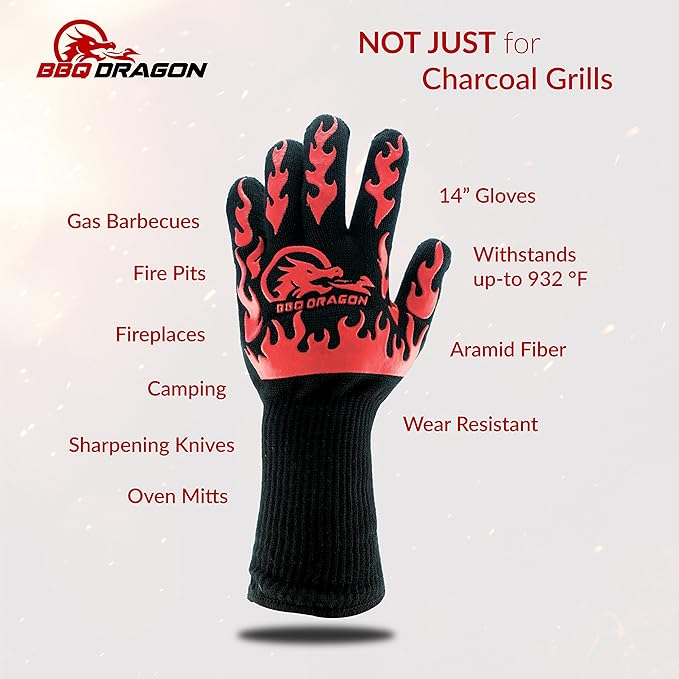 BBQ Dragon Ultimate Grill & Smoke Cleaning Bundle — Heavy Duty Heat Resistant BBQ Gloves + Stainless Steel Grill Brush and Scraper for Outdoor Barbecue, Grilling & Smoking