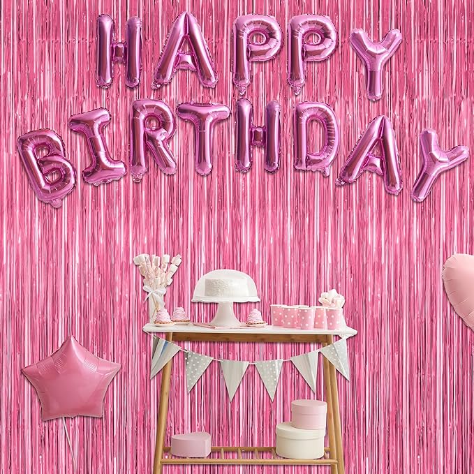 8 Pack Pink Backdrop, 3.28 FT x 7.05 FT Pink Birthday Decorations, Metallic Pink Backdrop for Photoshoot Foil Curtains Party Streamer, Valentines Day Decorations Birthday Photo Booth Props