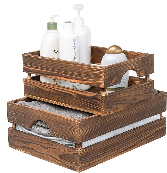 MyGift Rustic Dark Brown Solid Wood Storage Organizer Box with Handle, 3 Piece Various Size Decorative Nesting Crate