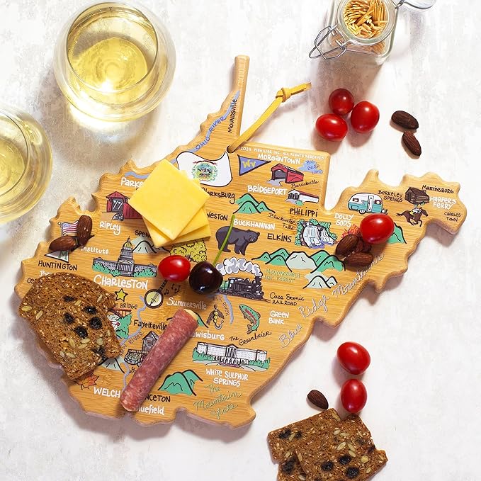 Totally Bamboo West Virginia State Shaped Cutting Board and Charcuterie Serving Platter with Artwork by Fish Kiss, Includes Hang Tie for Wall Display