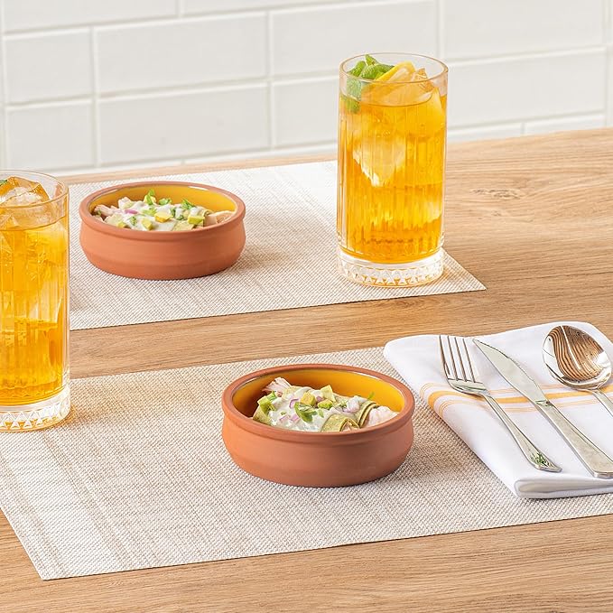 Restaurantware-Terra Tek 8.5 Ounce Terracotta Cazuelas, 2 Yellow Glazed Clay Pots For Cooking - Oven-Ready, Microwavable, Terracotta Serving Pots, Dishwashable, For Cooking And Serving