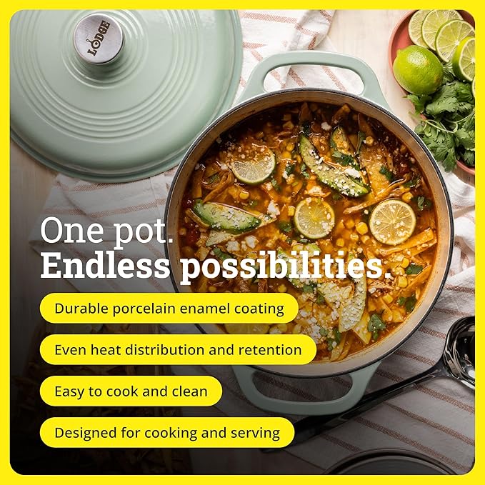Lodge Essential Enamel Cast Iron Dutch Oven - Perfect for Bread Baking, Braising, Marinating & Slow Cooking - Features Moisture-Sealing Lid & Dual Handles - Kitchen Essentials - 6 Quarts - Desert Sage