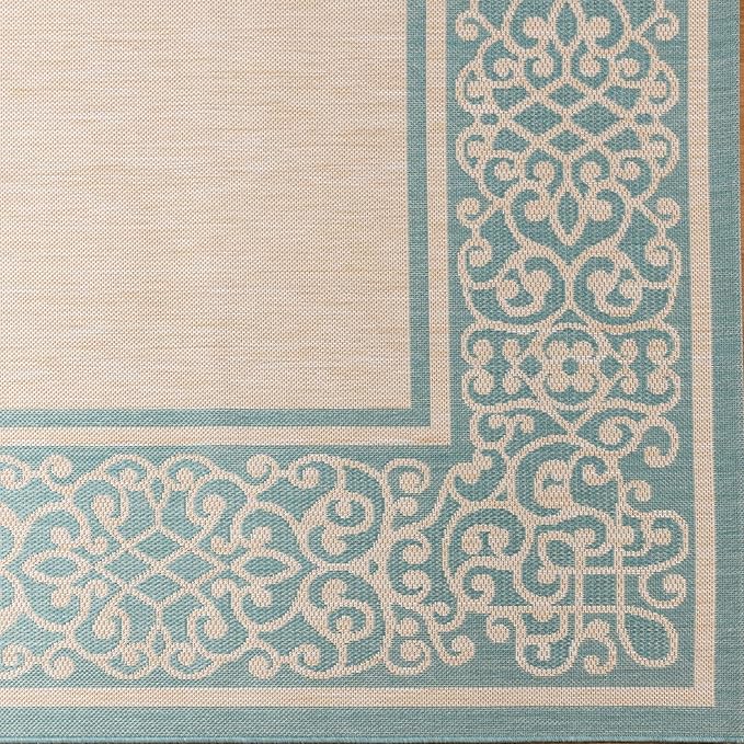 Gertmenian Indoor/Outdoor Flatweave Area Rug - 6x9 Medium, Stain & UV Resistant, Ideal For Deck, Patio, Poolside, Mudroom - Abstract Border, Aqua Blue Cyan, 22965