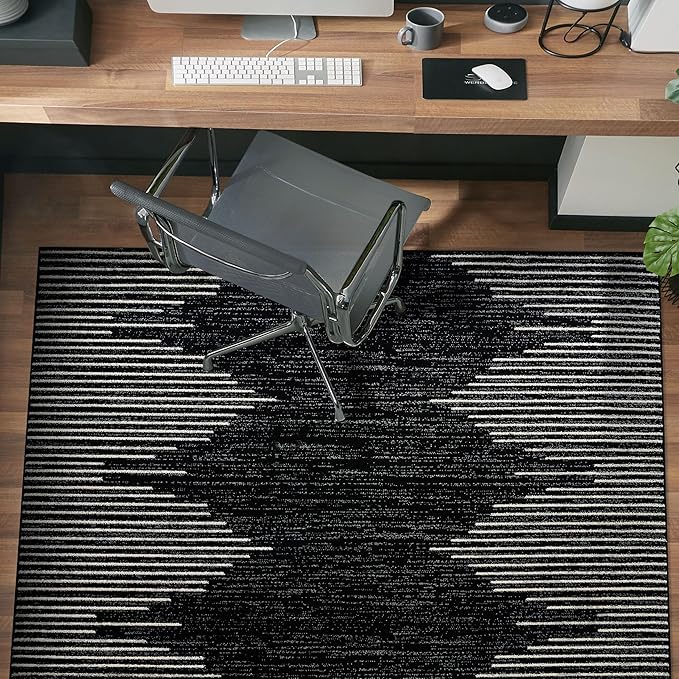 Rugshop Bohemian Stripe Stain Resistant High Traffic Living Room Kitchen Bedroom Dining Home Office Square Area Rug 6'6" x 6'6" Black