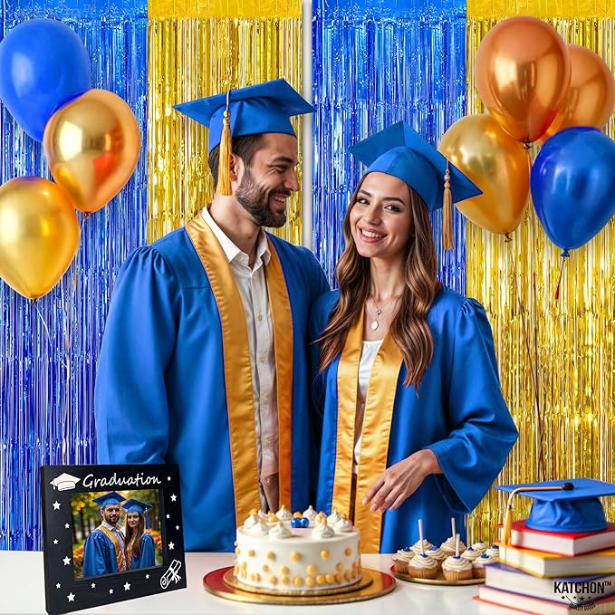 KatchOn, Blue and Gold Fringe Backdrop for Parties - XtraLarge, Pack of 2 | Blue Fringe Backdrop | 2026 Graduation Party Decorations | Graduation Decorations 2026