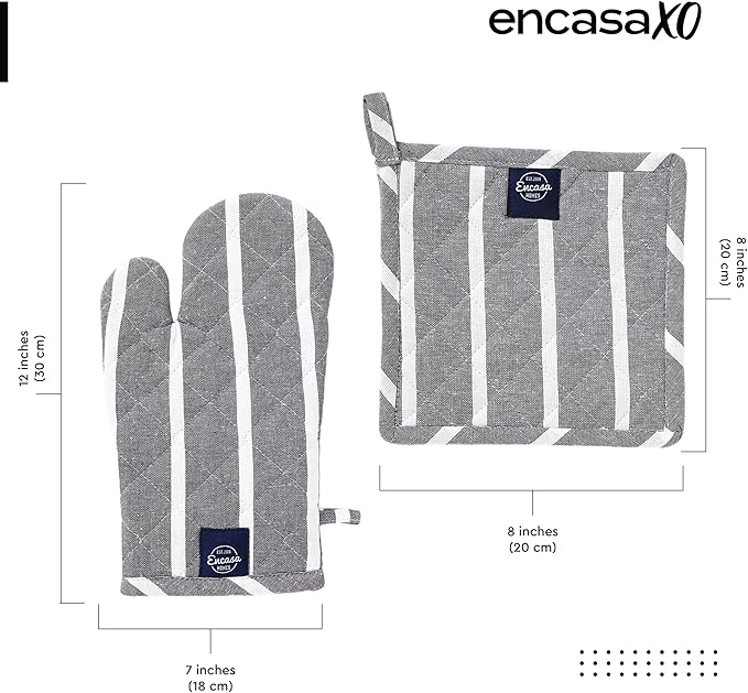 Encasa XO Heat Resistant 100% Cotton Oven Glove & Potholder Set with Loop, Kitchen Cooking Mittens, Microwave Safe Hot Pads (Roma Grey Stripes)