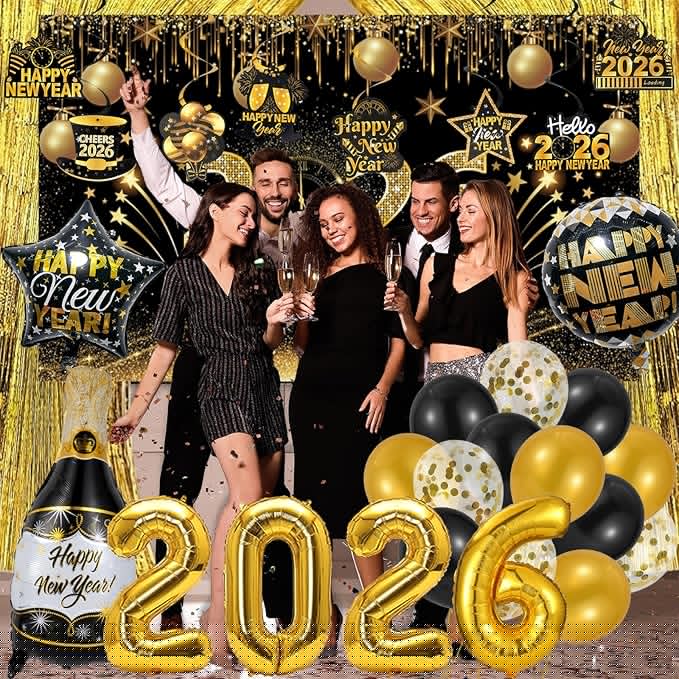 New Years Eve Party Supplies 2026, New Years Decorations Backdrop Banner 2026 Balloons Fringe Curtains Foil Balloons Swirls for NYE Party Backdrop Decor