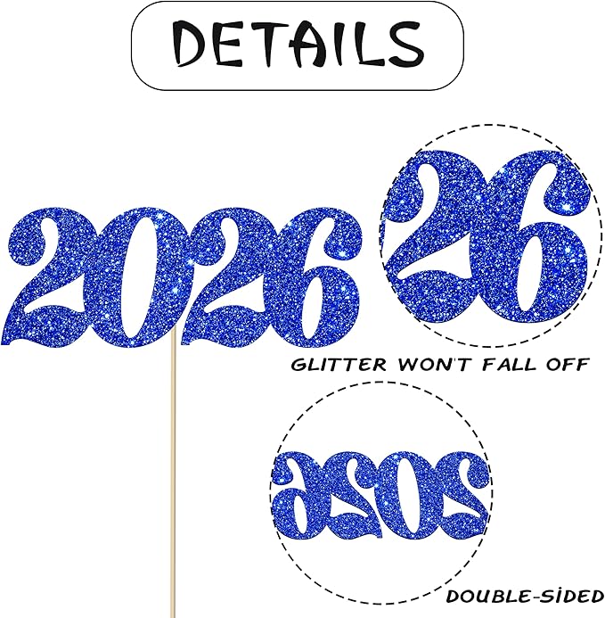 2026 Centerpiece Sticks 12pcs Blue Glitter Number 2026 Centerpieces for Table Graduation Decorations for Hello 2026 New Year Theme Party Supplies