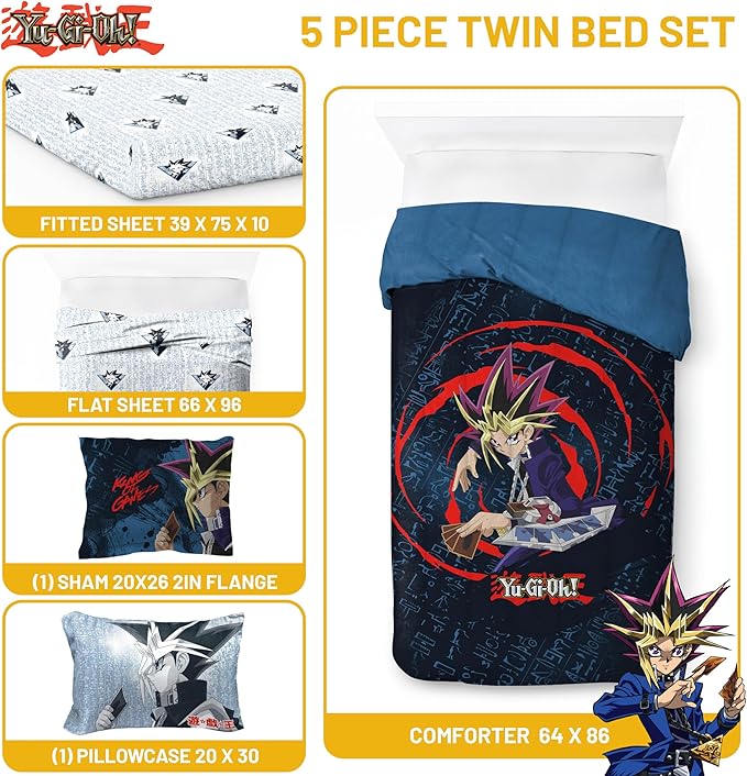 Jay Franco Yu-Gi-Oh! Twin Size Comforter Set - 5 Piece Bedding Includes Sheet Set & Pillow Covers - Super Soft Cozy Bedding