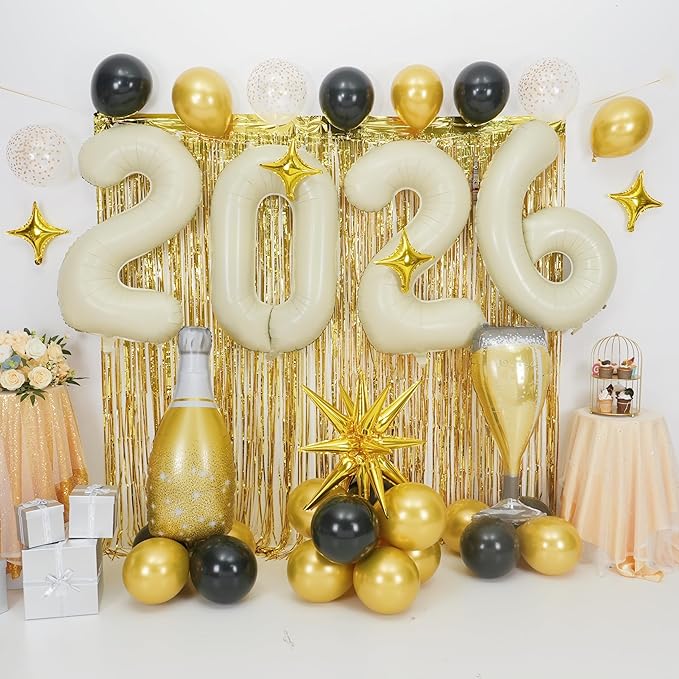 Cream White 2026 Balloons, 40 Inch Number 2026 Nude White Foil Balloons Gold Star Balloon Champagne Bottle Glass Balloon for Happy New Years Eve Party Supplies 2026 Class of 2026 Graduation Decoration